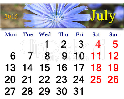 calendar for the July of 2015 with flowers of Cichorium