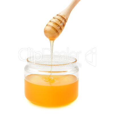 pot with honey and drizzler isolation on a white background