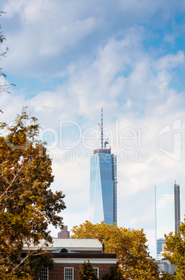 View of New York. Manhattan skyscrapers framed by trees