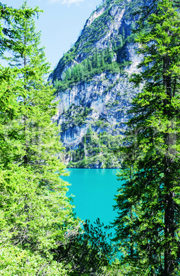 Wonderful green colors of Braies lake - Mountain landscape in It