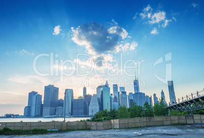 Amazing view of Lower Manhattan at dusk from Brooklyn Bridge Par