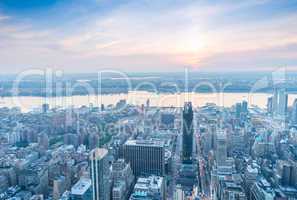 Spectacular aerial view of Manhattan. Skyscrapers at dusk