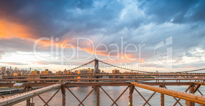 Along Brooklyn Bridge at sunset, New York City