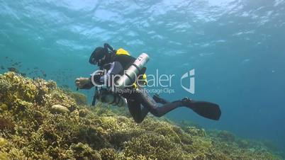 Rebreather diver on a coral reef