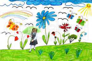 Children's drawing with butterflies and flowers and a girl