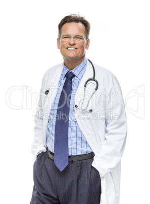 Smiling Male Doctor in Lab Coat with Stethoscope on White