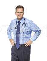 Handsome Smiling Male Doctor with Stethoscope on White