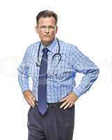 Serious Male Doctor with Stethoscope on White