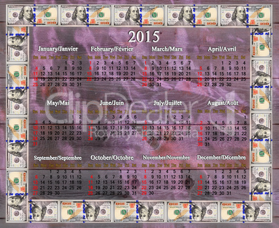 calendar for 2015 in the dollars' frame on the lilac fabric