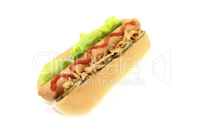 Hot dog mit Röstzwiebeln und Ketchup
