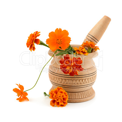 wooden pestle and mortar isolated on white background