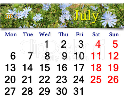 calendar for the July of 2015 year with flowers of Cichorium