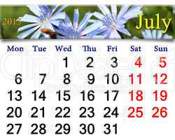 calendar for the July of 2015 year with flowers of Cichorium