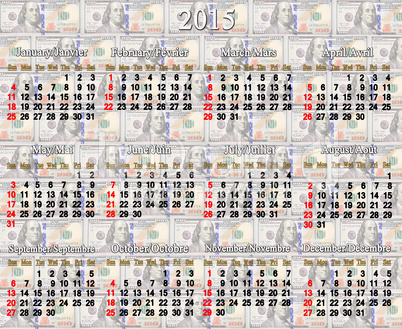 calendar for 2015 year on the dollar's background