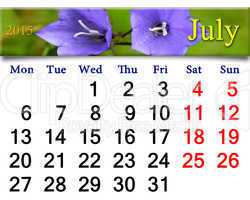 calendar for July of 2015 year with flowers of bluebells
