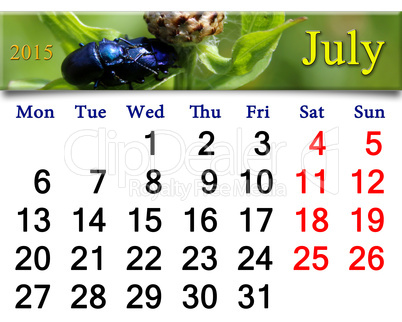 calendar for July of 2015 with blue beetles