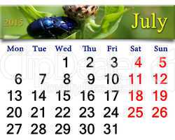 calendar for July of 2015 with blue beetles