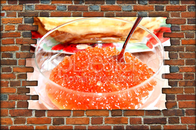 broken brickwall with red caviar in a plate with the spoon within