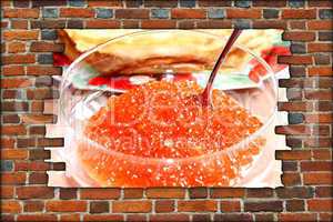 broken brickwall with red caviar in a plate with the spoon within