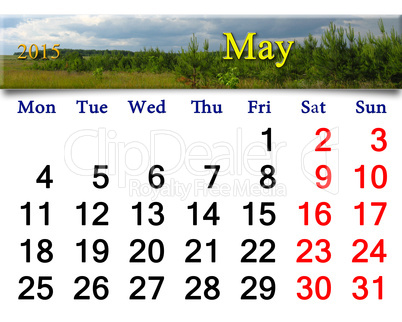 calendar for May of 2015 with thunder storm clouds and pines