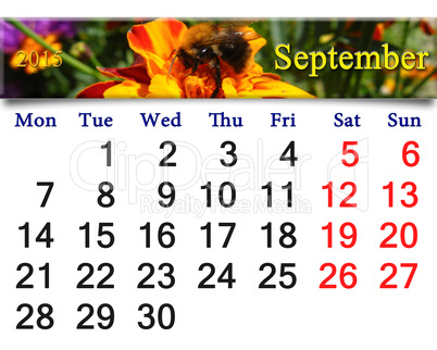 calendar for September of 2015 with bumblebee on the tagetes