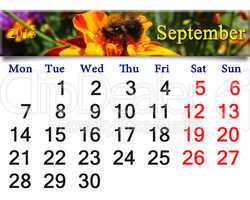calendar for September of 2015 with bumblebee on the tagetes