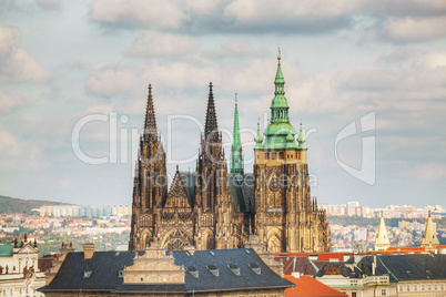 Aerial view of Prague with St. Vitus Cathedral