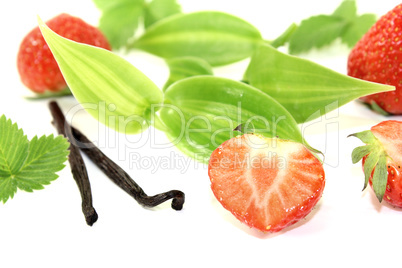 Vanilleblätter mit saftigen Erdbeeren