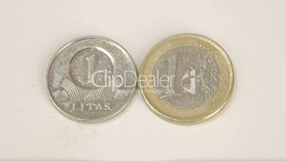 Old Lithuanian 1 Litas coin and a 1 Lithuania Euro coin