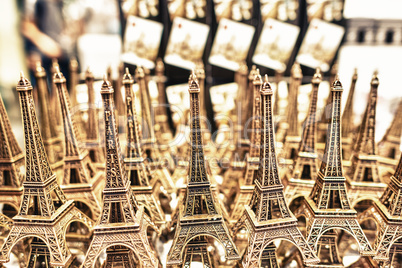PARIS - MAY 21, 2014: Miniatures of Effel Towers. The tower is t
