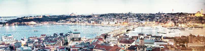 Wonderful panoramic view of Istanbul at dusk across Golden Horn