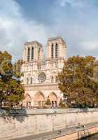 Notre Dame in paris, exterior view on a cloudy day
