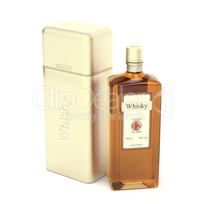 Whisky bottle and metal box