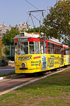 Old nostalgic public transport tram in Antalya Turkey