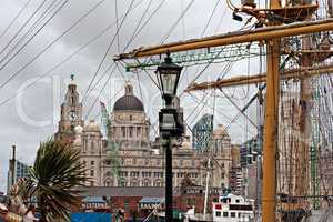 View of the Liver Buildings in Liverpool UK