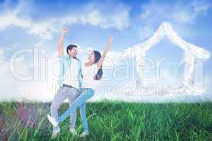 Composite image of happy casual couple cheering together