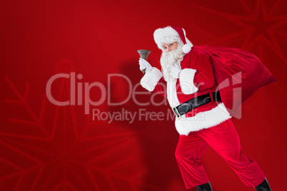 Composite image of santa walking with his sack and bell