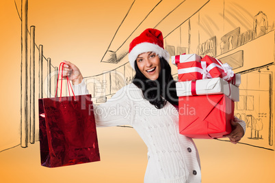 Composite image of smiling woman with christmas presents