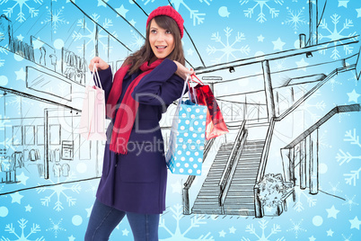 Composite image of young woman in winter clothes posing with sho