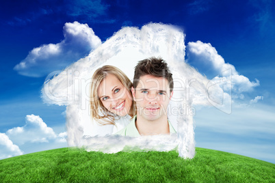 Composite image of portrait of a young happy couple standing aga