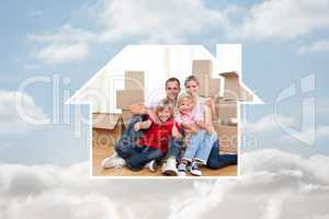 Composite image of cheerful family relaxing sitting on the floor