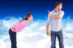 Composite image of man stopping woman from kissing