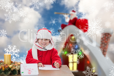 Composite image of cute boy drawing festive pictures