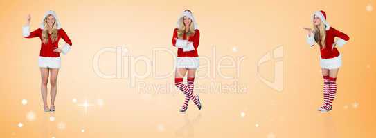 Composite image of pretty girl in santa outfit holding hand up