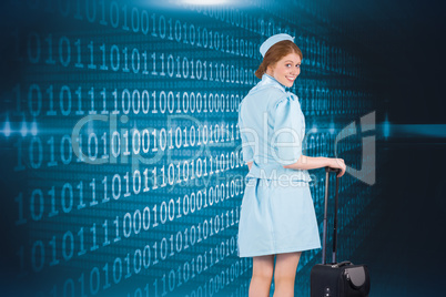 Composite image of pretty air hostess leaning on suitcase