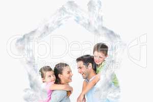 Composite image of cheerful young family posing