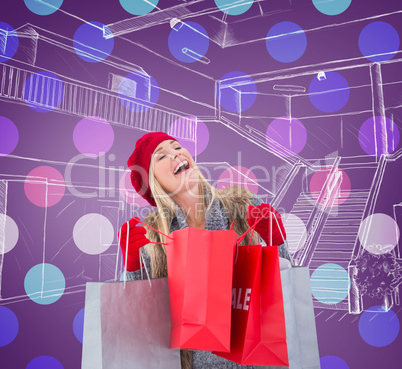 Composite image of blonde in winter clothes with shopping bags