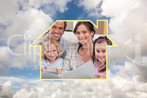 Composite image of close up of a family looking at a photo album