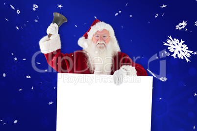 Composite image of santa holds a sign and rings his bell