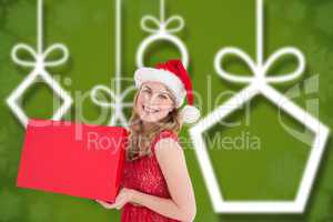 Composite image of pretty blonde in red dress holding a box